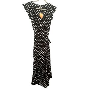 NWT High Low Black and White Polka Dot Dress Flutter Sleeves Tie Waist Sz S